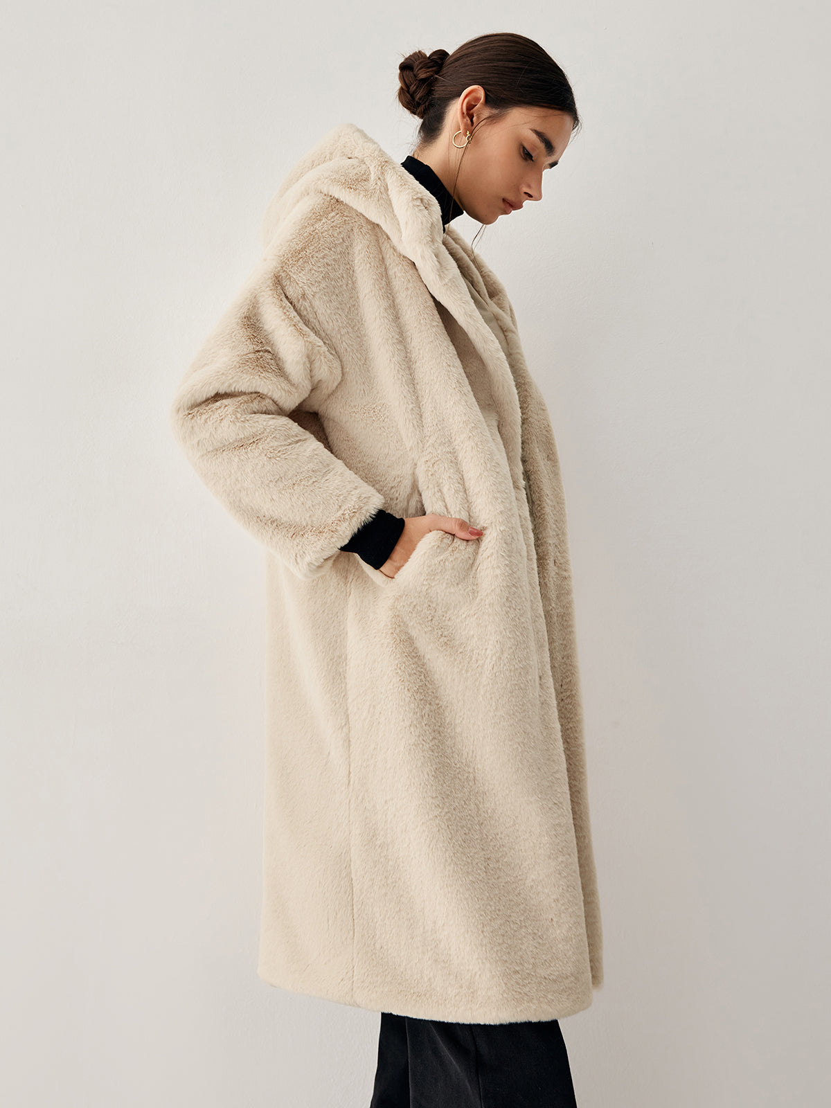 Apricot Faux Fur Hooded Longline Coat